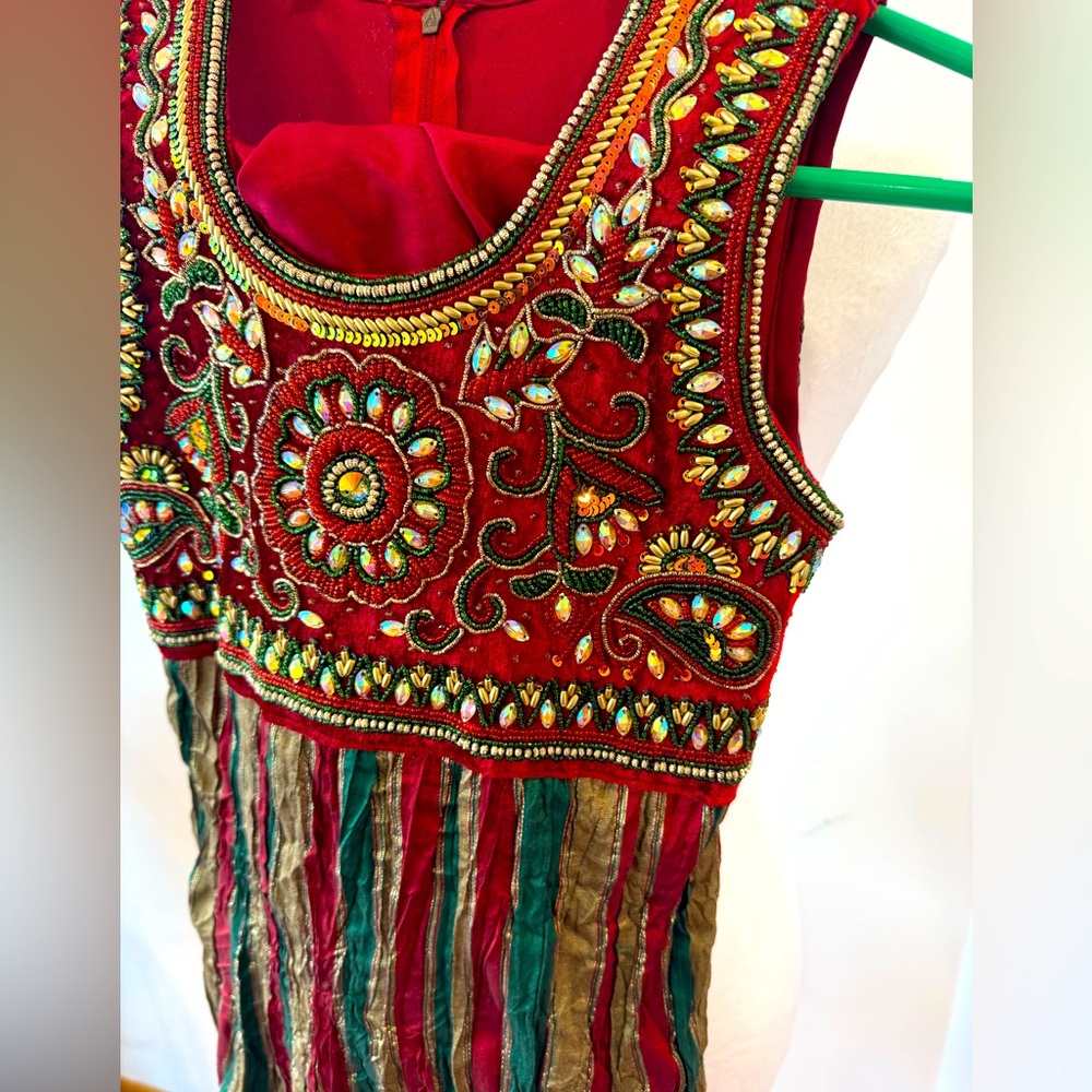 Girls Red Embroidered Festive Dress with Multicolor Stripes